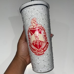 Delta Sigma Theta Pearl Tumbler, stainless steel cup with lid and straw. water, ice, coffee any drink.