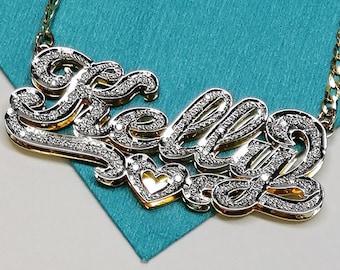 18k Diamond Name Necklace - Double Name Plate - Name Plate Necklace - Personalized Necklace, Script Name necklace, Cursive name Necklace,