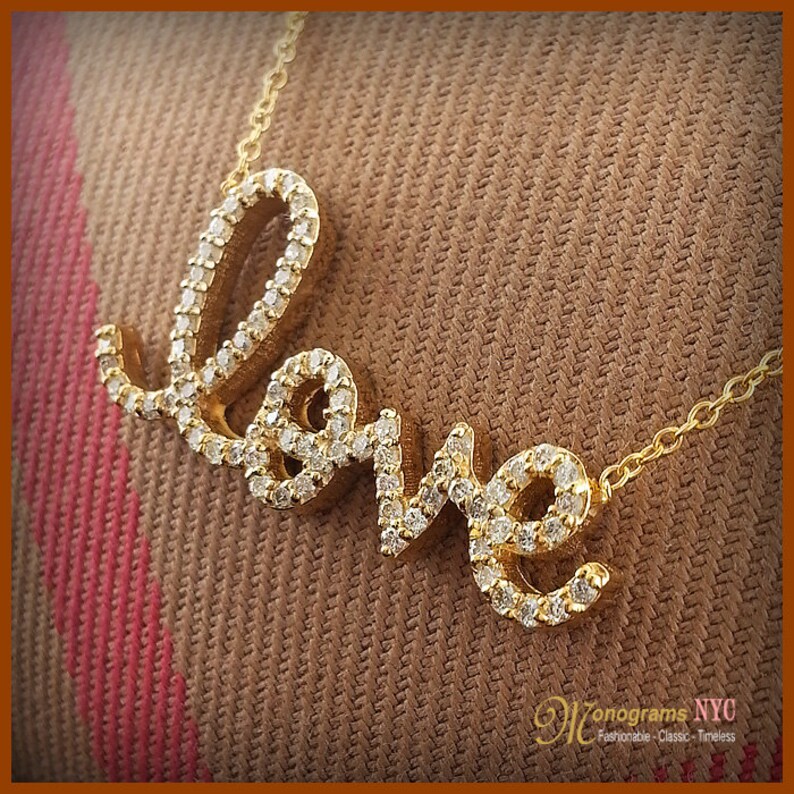 14kt Gold And Diamond Love Necklace Love Necklace Diamond Etsy