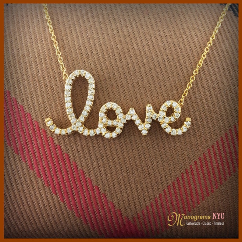 14kt Gold And Diamond Love Necklace Love Necklace Diamond Etsy