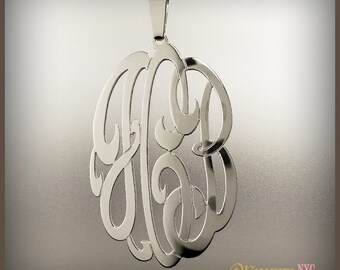 Sterling Silver Oval Three Initial Monogram Pendant - Handcrafted Initial Necklace - Made in USA