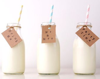 10 x Mini Milk Bottles - Wedding / Baby Shower / Party Favour / Afternoon Tea with straws and personalised tags