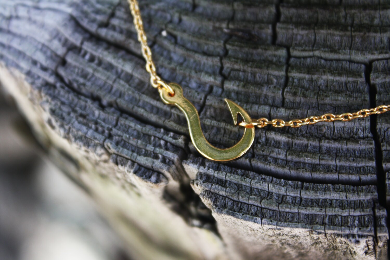 18 K Gold Fish Hook Necklace Etsy