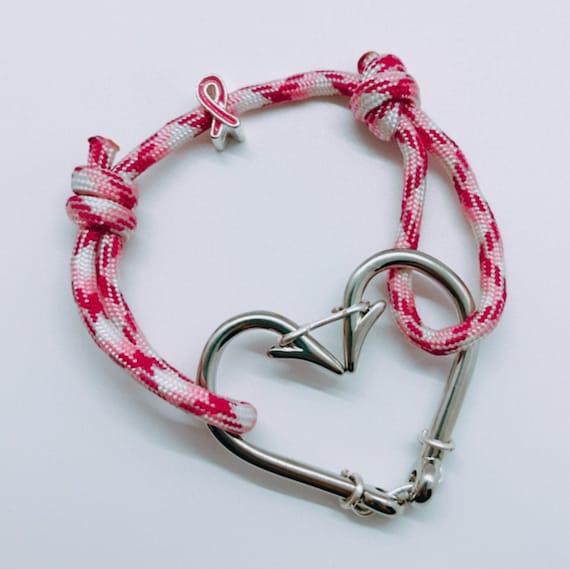 breast fish hook Breast Cancer Awareness Heart Fish Hook Bracelet (choose Your Fish Hook  Color)