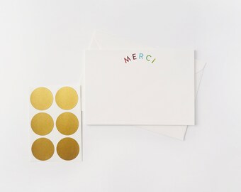 Set of 6 x MERCI rainbow foil luxe notecards + envelopes + metallic envelope seals