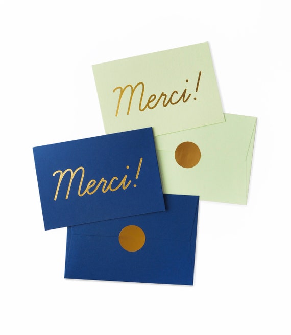 Merci Gold Foil 2 Thank You Cards Set Mint Navy Gold Envelope