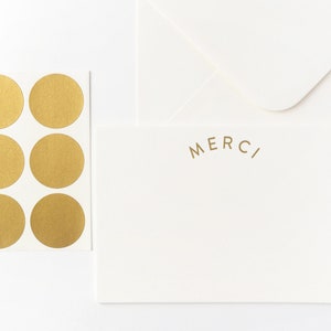 Set of 6 x MERCI gold foil notecards, envelopes + gold metallic seals