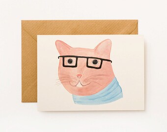 Nerd Kitty Cat with Glasses Illustrated Cat Card