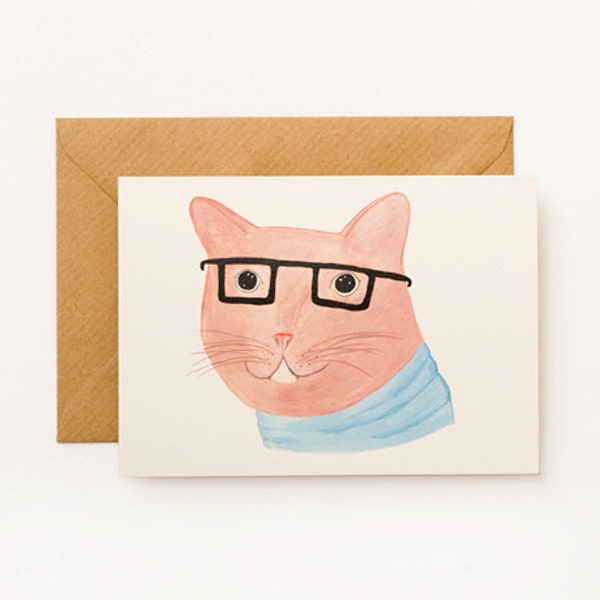 Nerd Kitty Cat with Glasses Illustrated Cat Card