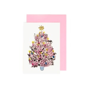 Cartes de voeux kitsch en forme de sapin de Noël rose avec des scintillements de bougies en feuille d'or + enveloppe rose