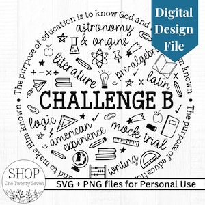 May include: A black and white digital design file with the text "CHALLENGE B" in a circular arrangement. The design includes illustrations of school-related items and the words "astronomy", "literature", and "logic". The file is for personal use.