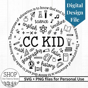 Peut inclure: Un fichier de conception numérique en noir et blanc avec le texte "CC KID" au centre, entouré de mots comme "science", "mathématiques" et "histoire". Le design comprend diverses icônes scolaires et le texte "Digital Design File".