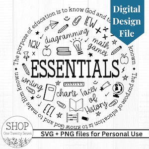 May include: A black and white digital design file with the word "ESSENTIALS" in the center, surrounded by school-related icons and text. The design includes the text "SVG + PNG files for Personal Use".