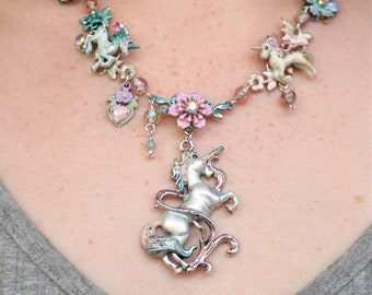 Hand Painted Unicorn Statement Necklace: Fantasy Floral Jewelry