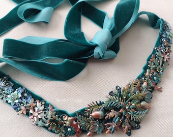 Hand Painted Teal Bridal Sash, Velvet Ribbon, Forest Wedding Belt