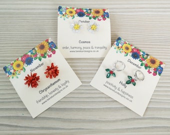 Handmade Birthday Month Flower Earrings: Sterling Silver Posts