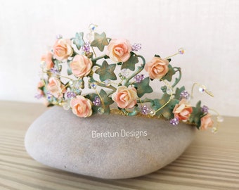 Pastel Flower Tiara: Beaded Ivy & Rose Wedding Crown