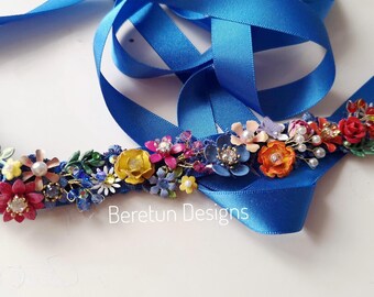 Blue Flower Sash Belt Blue Flower Stretchy Belt Wedding Sash 