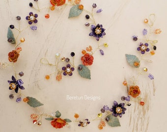 Hand Painted Flower Wedding Hair Vine, Delicate Bridal Garland