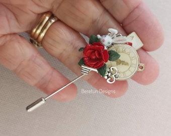 Handmade White Rabbit Brooch: Alice in Wonderland Lapel Pin, Hand made in UK