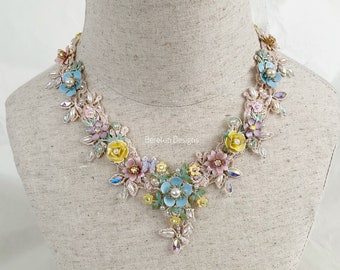 Something Blue, Lace and Hand Painted Flower Choker Necklace, Cottage Garden Flower Jewellery