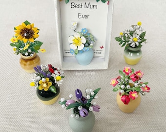 Miniature Floral Bouquet in Ceramic Vase: Handmade Flower Gift Box