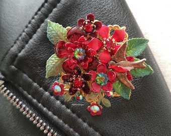 Rote Blumen Brosche, Anstecknadel, kleiner Vogel Pin, Blumen Jacke Schmerz Geschenk