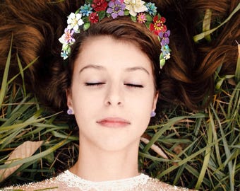 Festival Bride Flower Crown - Colourful Carnival Brass Enamel Wedding Hairband