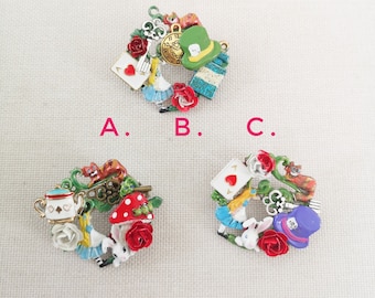 Hand-Painted Alice in Wonderland Brooch: Mad Hatter, White Rabbit Jewelry