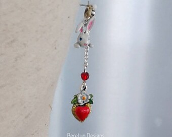 Hand-Painted White Rabbit Heart Drop Earrings: Alice in Wonderland Jewelry