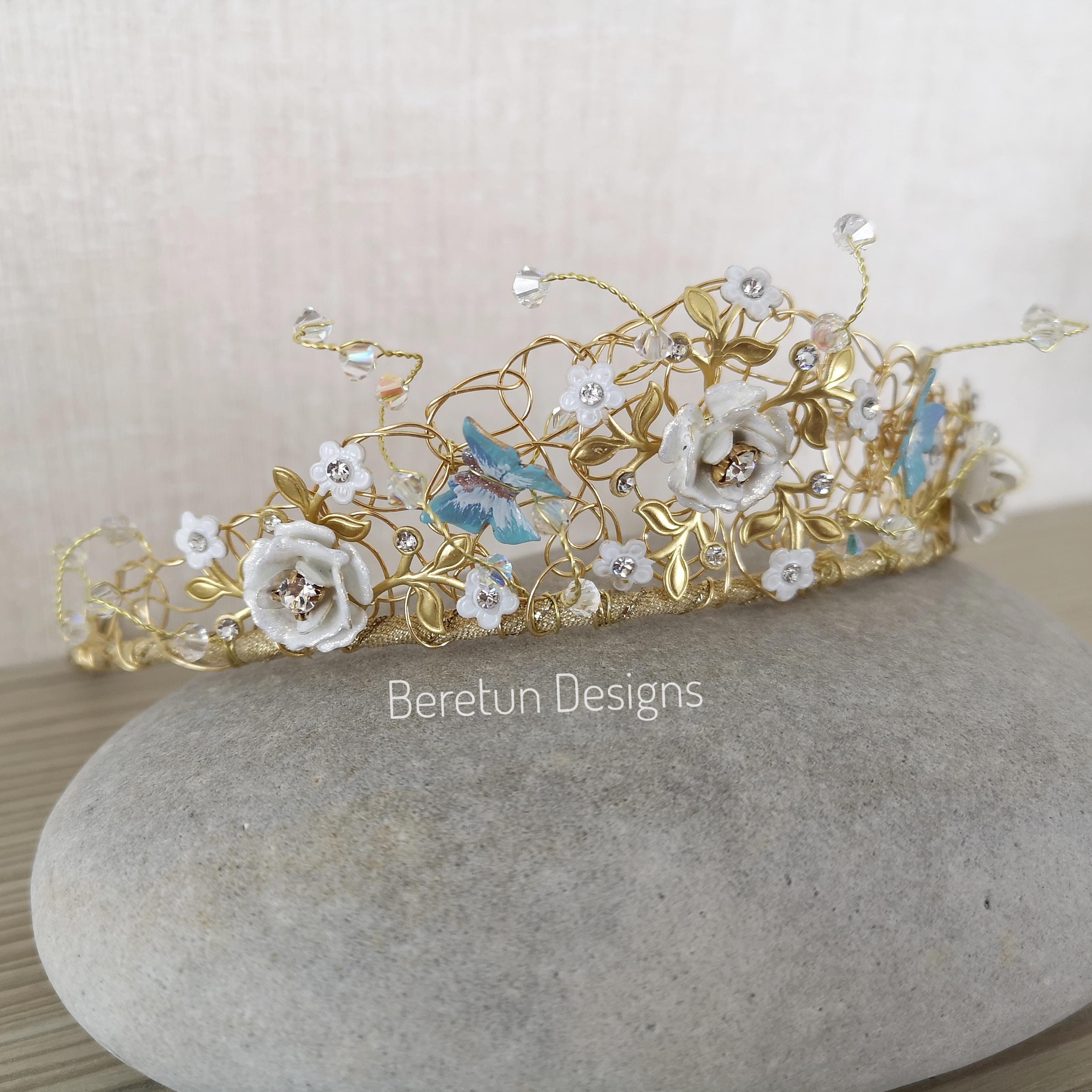 Ivory Rose and Butterfly Tiara for Wedding, Floral Head Piece