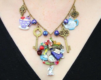 Alice Adventures in Wonderland Custom Made Charm Necklace, Statement Hand made Jewellery Gift,