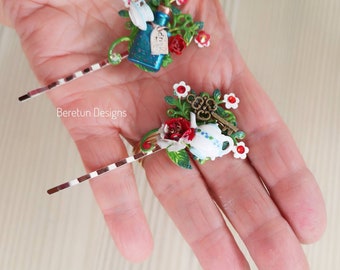 Alice in Wonerland pair of Hairpins Hand made Bridal Hair Jewellery, Decoration - Alice,White Rabbit, Mad Hatter Wedding