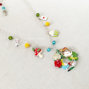 Alice &#39;s Adventures in Wonderland Necklace, Colourful Charm Necklace Gift for Her, Custom Made Necklace, White Rabbit Jewellery