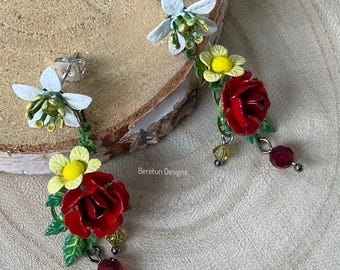 Handmade Flower Earrings, Custom Made Rose Earrings , Hand Painted Jewellery