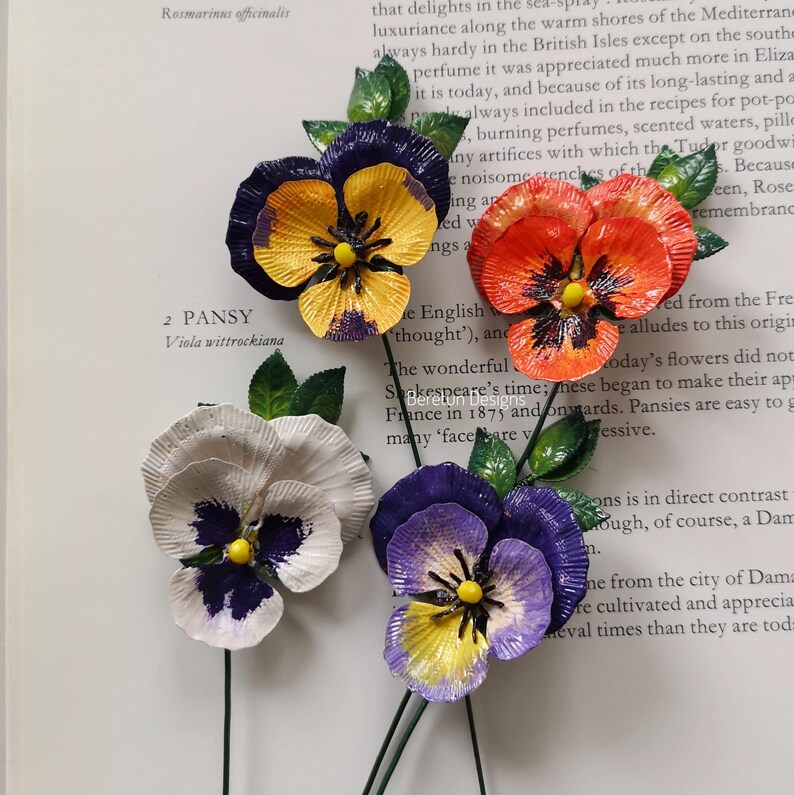 Pansy Flower Book Mark, Gift, 3D Metal Hand Painted Rose, Page Saver