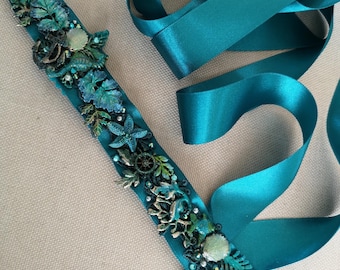 Teal Bridal Belt Hand-Painted Ocean Theme Wedding Sash