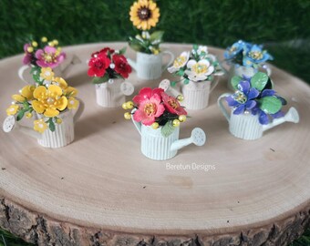 Handmade Miniature Metal Flower Bouquet: Vintage Watering Can Gift