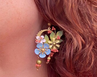 Colourful Flower Earrings, Handmade Flower Drop Earrings, Flower and Bead Drop Earrings