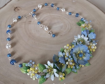Custom Hand Painted Floral Necklace, Blue  Statement Collar Choker