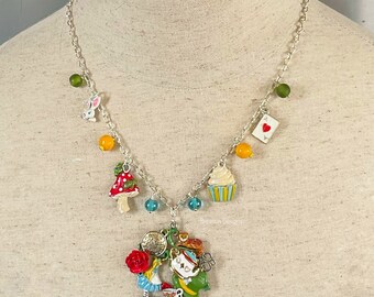 Alice in Wonderland Charm Necklace, Hand-Painted Colorful Jewellery