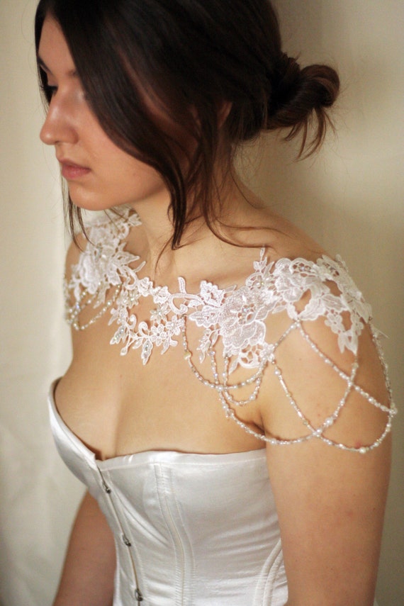 Lace Bridal Shoulder Necklace, Pearl & Crystal Capelet