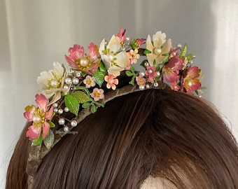 Floral Bridal Tiara, Custom Wedding Crown, Hand Painted Festival Hairband, Wild Rose Hair Accessory