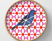 Clock, wall clock, animal clock, unusual clock, original clock, animal,bird, kitchen decor, kids decor, kitsch decor, star pattern, red
