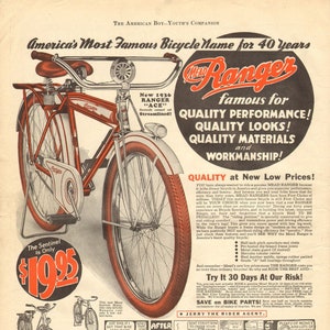 Vintage Advertisement Ranger Bicycle Circa Late 1930's Early 1940's 13" x 19" Full Color Print