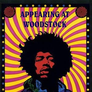 Póster de banda de rock vintage de Jimi en Woodstock, 1969. Póster de 33 x 48 cm. En papel brillante (no es un póster original).