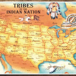 Vintage TRIBAL MAP Native Americans of North America Art Print 13&quot;x19&quot; inches Full Color