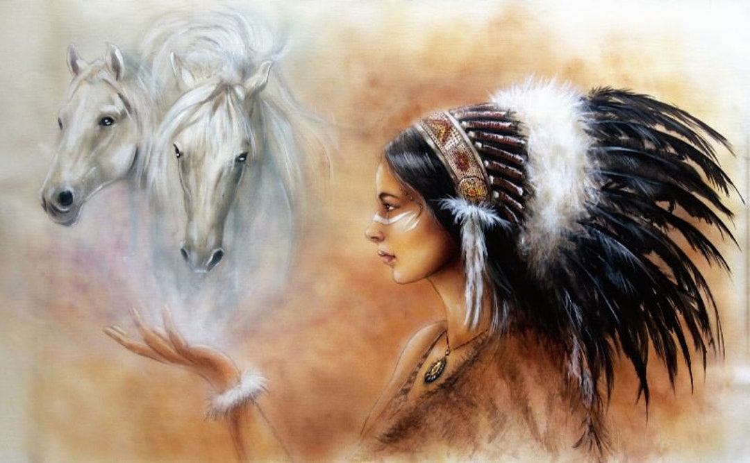Old West Art Native Ameican Indian Woman &amp; Horse Oil Painting Reprint ...