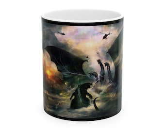 Tazza in ceramica Godzilla Monster Battle Godzilla Art, 11-15 oz, per gli amanti dei film di fantascienza