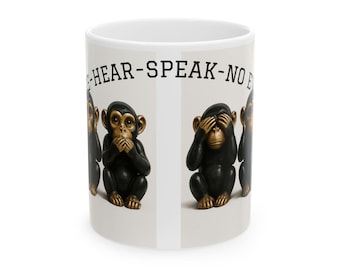 Playful Monkeys See, Hear, Speak NO EVIL DesignCeramic Mug with Funny Gift for Animal Lovers, Coffee Cup for Home or Office,